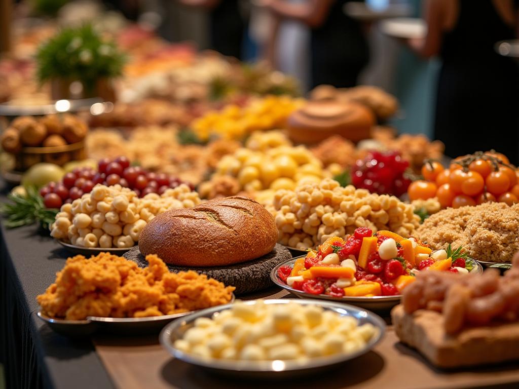 Elegant catering spread with artisan breads and fresh fruits