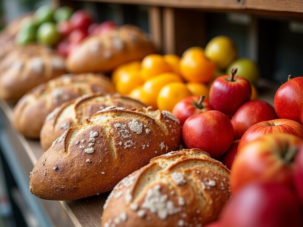 Artisanal bread and fresh fruits display at GardenLore Market