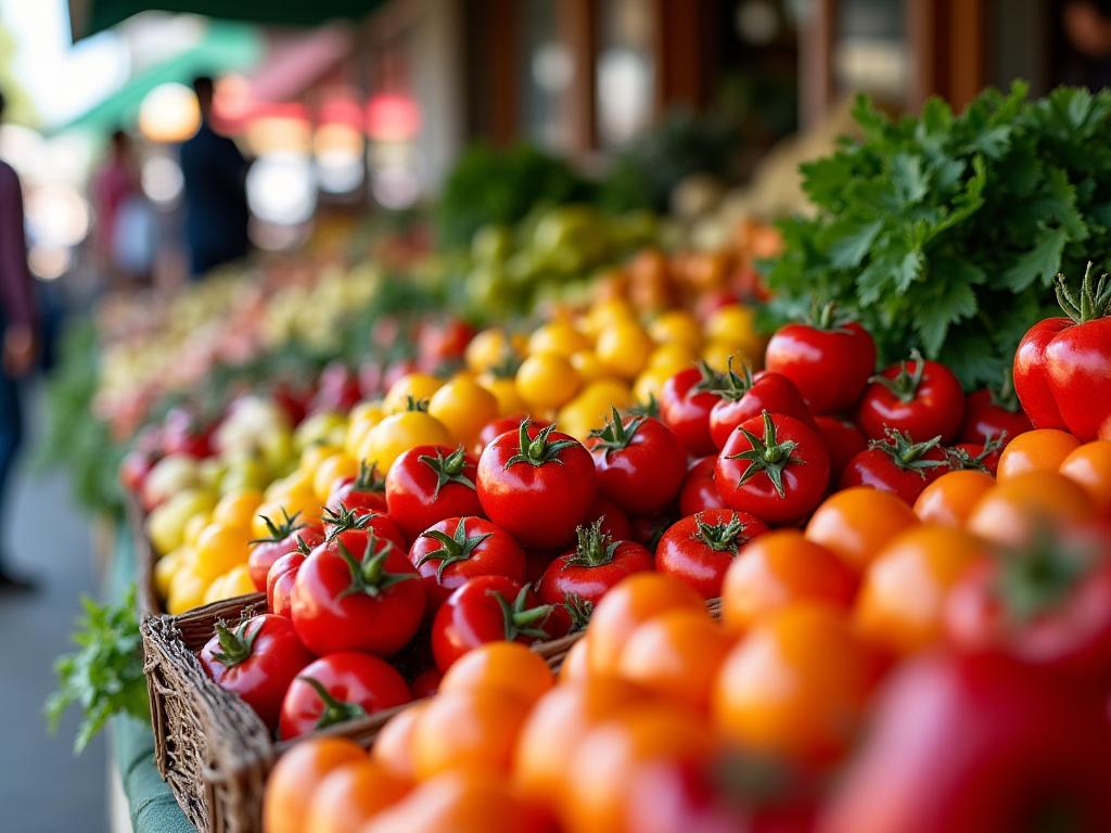 Fresh organic fruits and vegetables display at local market